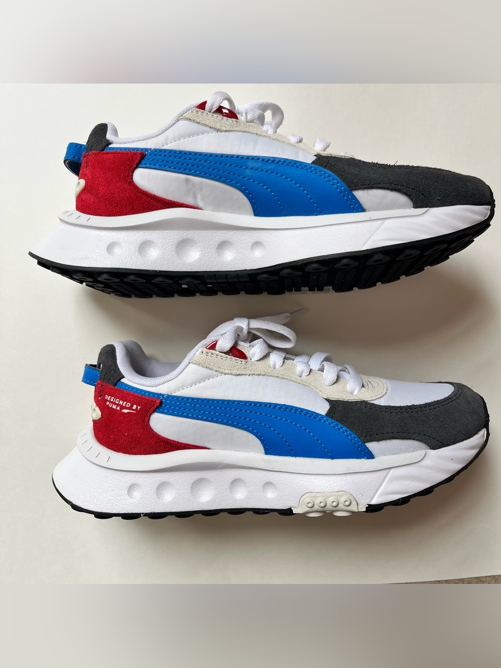PUMA Wild Rider Rollin' Lace Up Youth Sneakers - White Blue Red Grey, size 4